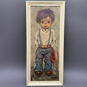 Vintage Alvaro Big Eye Sad Boy Art Print Framed 9.5x21.5 Wall Decor Mid Century